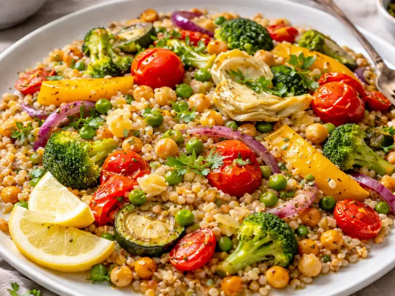 Fruit and Vegetable “Paella” with Barley, Buckwheat and Chickpeas