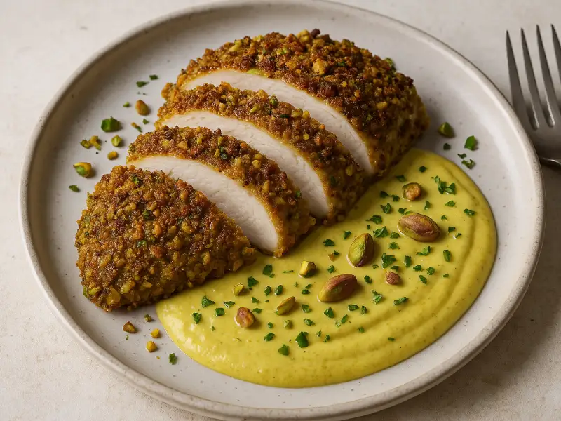 Pistachio-Crusted Chicken with Yogurt and Curry Sauce