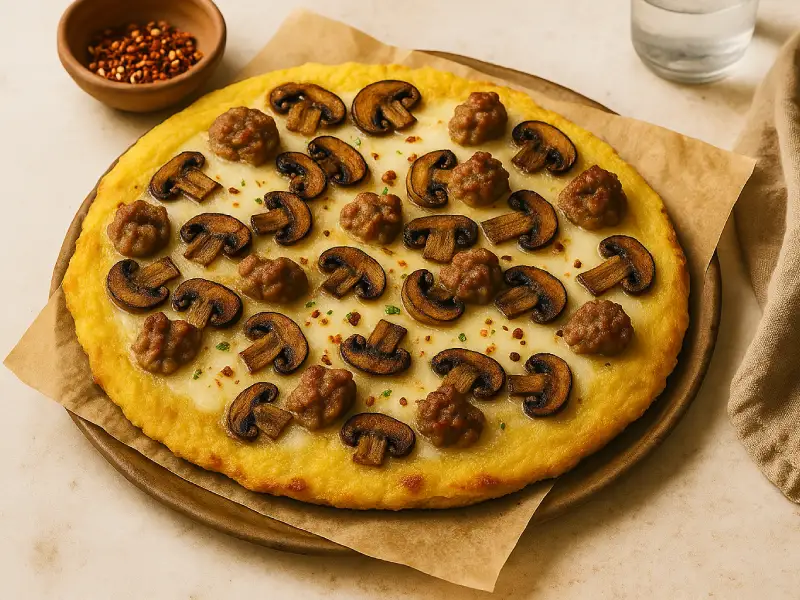 Polenta Pizza with Sausage, Mushrooms, and Mozzarella